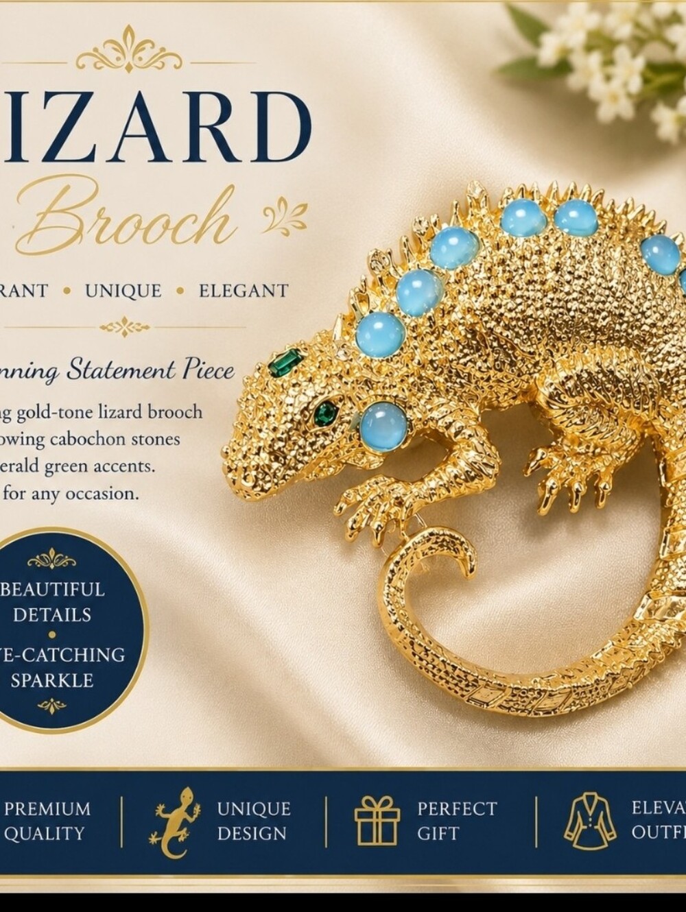 Gold Tone Lizard Brooch Pin with Blue Cabochons & Green Crystal Accents